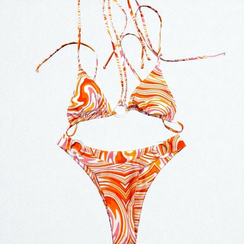 Strawberry Milk Mob Bikini 70s Swirl Print Two Piece Set Y2K Festival Swimwear m